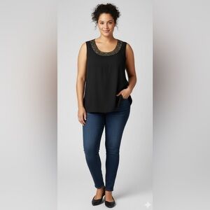 NWOT Roaman’s lightweight sleeveless beaded tunic blouse sleeveless black 20W